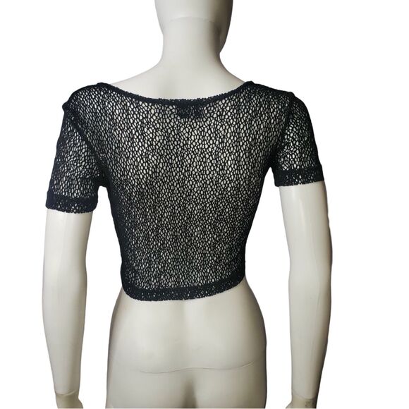 Vintage 80's COOL WEAR Black Fishnet Mesh Scoop Neck Cropped Top One Size - Picture 2 of 6